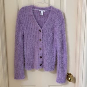 Purple fuzzy button down cropped cardigan